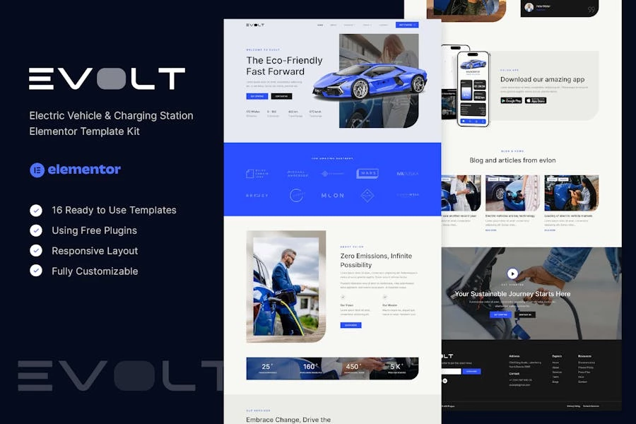 Evolt - Kit de plantillas Elementor para vehículos eléctricos y estaciones de carga