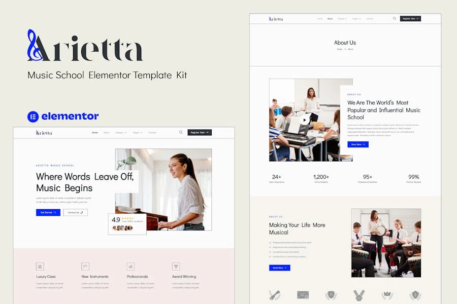 Arietta - Template Kit Elementor para escuelas de música