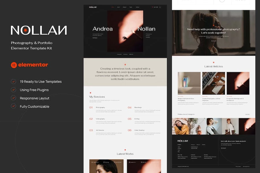 Nollan - Kit de plantillas Elementor para fotografía y porfolio
