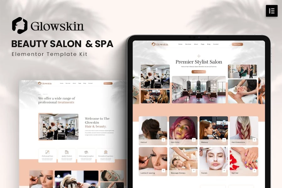 Glowskin - Kit de plantillas Elementor para salones de belleza y spa