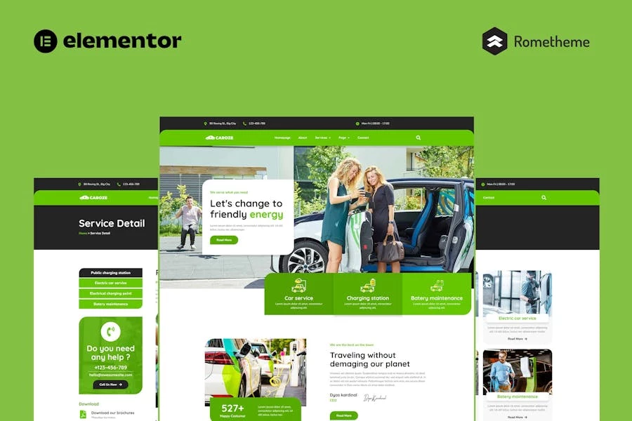 Caroze - Kit completo de plantillas de sitio de Elementor Pro para estación de carga y servicio de