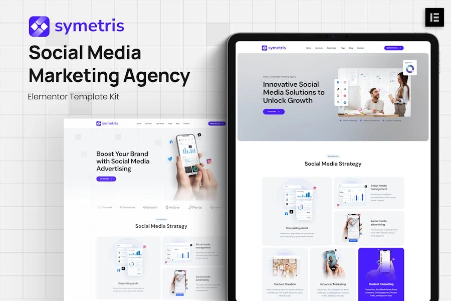 Symetris - Kit de plantillas Elementor para agencia de marketing en redes sociales