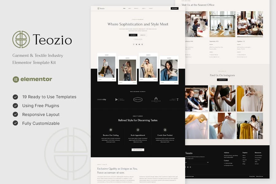 Teozio - Kit de plantillas Elementor para la industria textil y de la confección