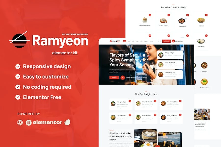 Ramyeon - Kit de plantillas Elementor para restaurantes coreanos