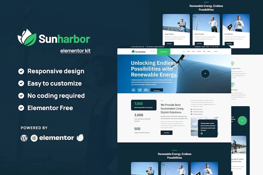 SunHarbor - Kit de plantillas Elementor para energía solar y renovable