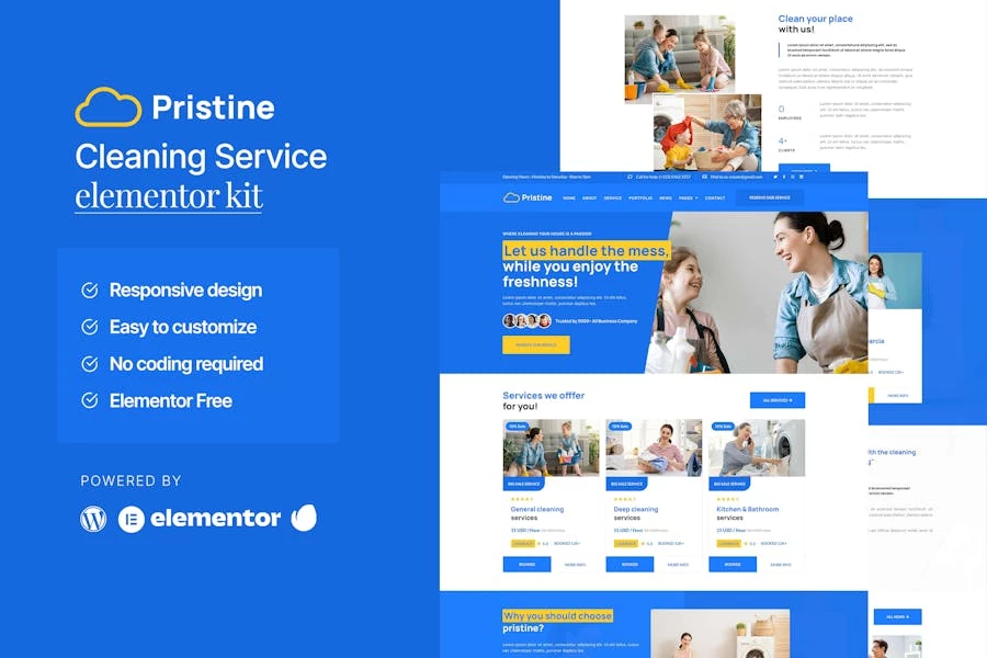 Pristine - Kit de plantillas Elementor para servicios de limpieza