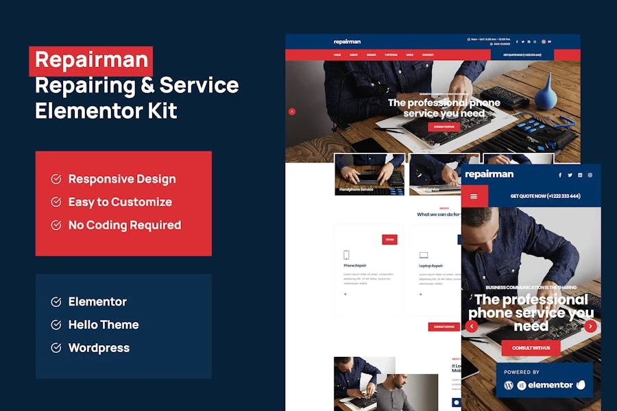 Repairman - Template Kit de Elementor para reparación y servicio de dispositivos