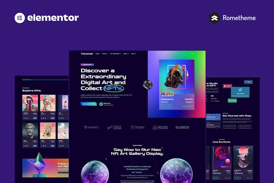IMAGINE: kit completo de plantillas de sitio Elementor Pro para Porfolio creativo de NFT