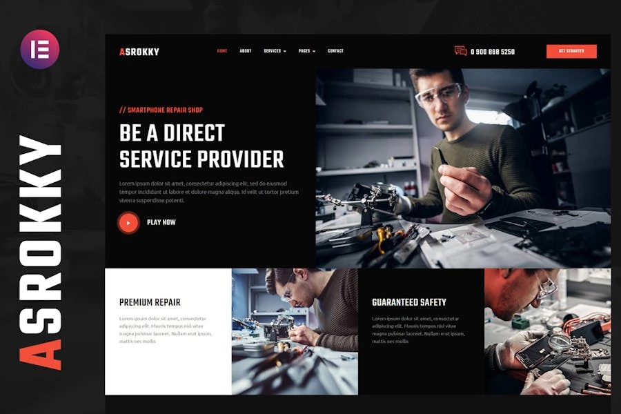 Asrokky - Template Kit Elementor para talleres de reparación de teléfonos inteligentes