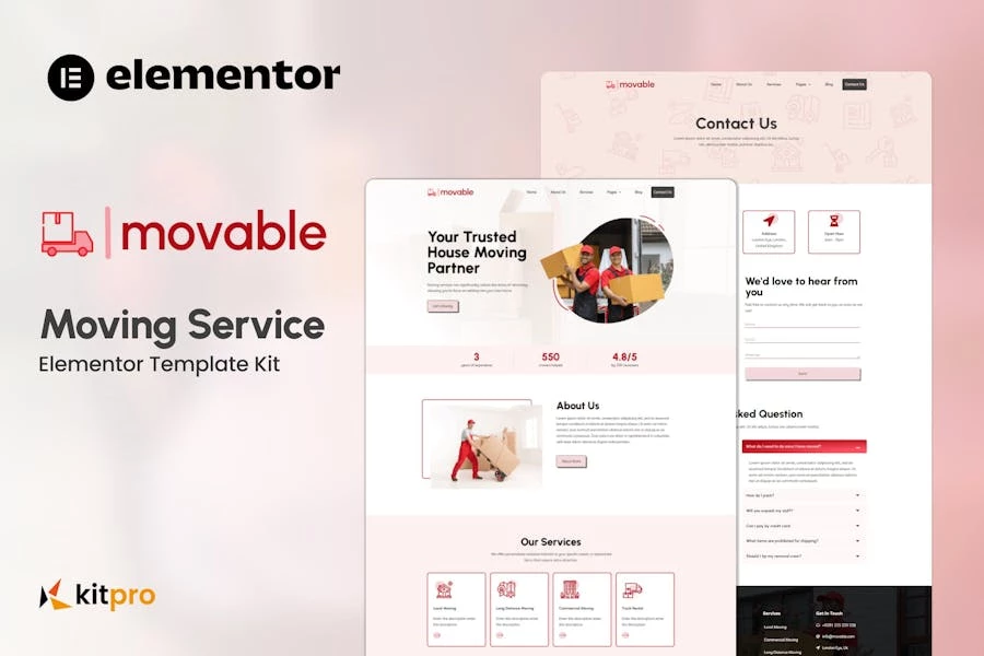 Movable - Kit de plantillas Elementor para servicios de mudanza