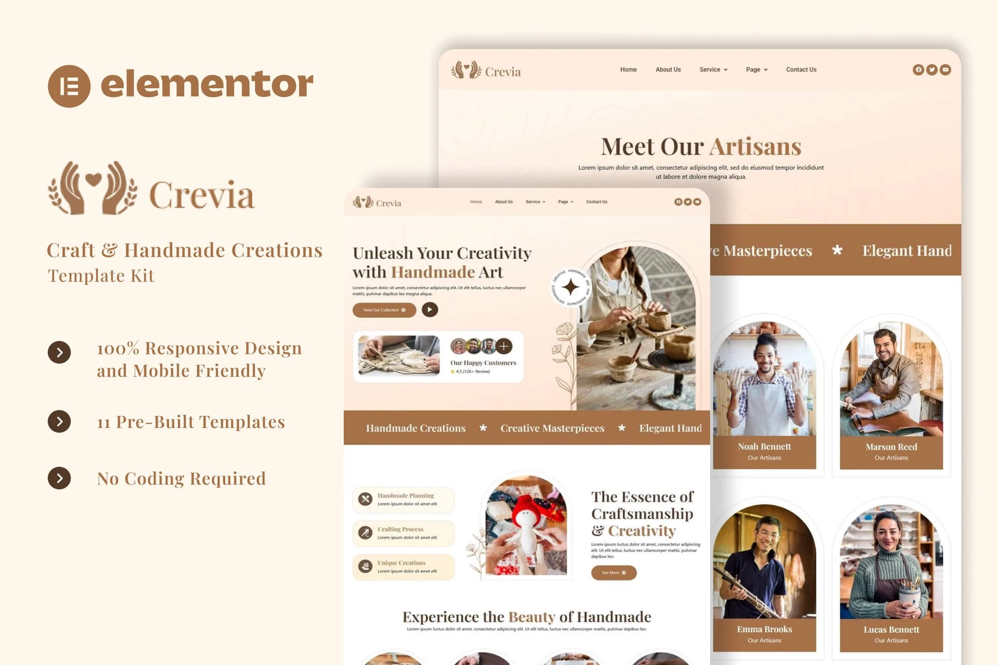 Crevia - Kit de plantillas Elementor para creaciones artesanales y hechas a mano