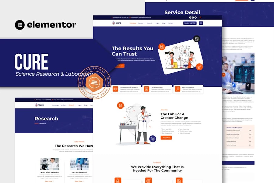 Cure - Template Kit de Elementor para investigación científica y laboratorio
