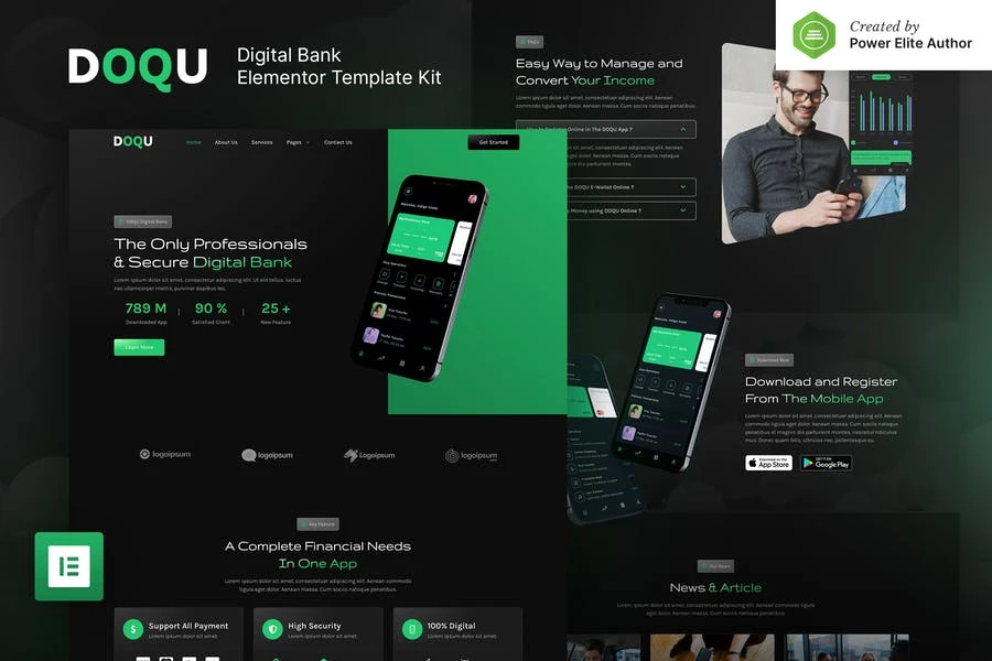 DOQU — Kit de plantillas Elementor para banco digital oscuro y billetera electrónica