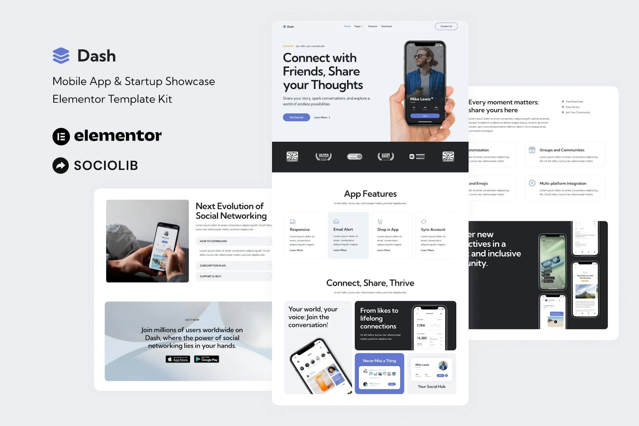 Dash - Kit de Plantillas Elementor para Aplicaciones Móviles y Startups Showcase