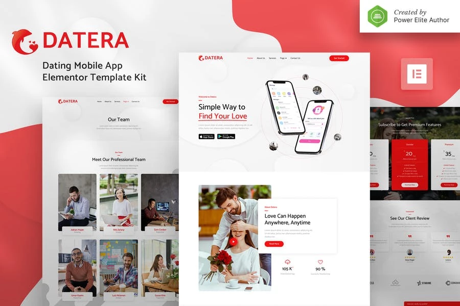 Datera — Kit de plantillas Elementor de aterrizaje de aplicaciones móviles para citas en línea