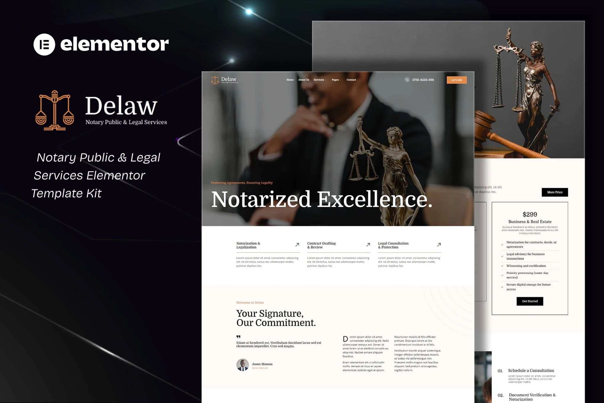 Delaw - Kit de plantillas Elementor para servicios legales y de notaría pública