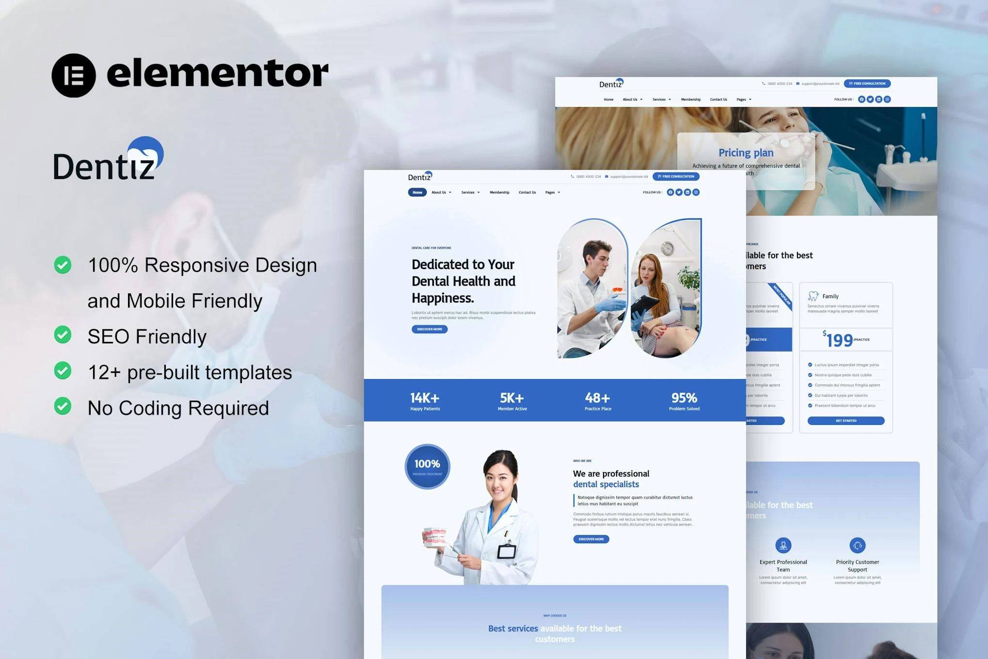Dentiz - Kit de plantillas Elementor Pro para dentistas y cuidado dental