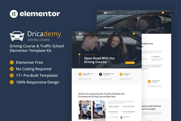 Dricademy - Kit de plantillas Elementor para cursos de conducción y escuelas de tráfico