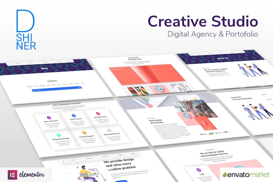 Kit de plantillas Elementor para el estudio creativo y la agencia digital D'Shiner