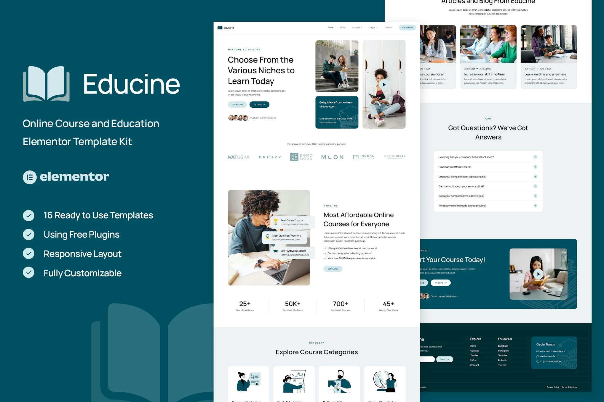 Educine - Kit de plantillas Elementor para cursos y educación en línea
