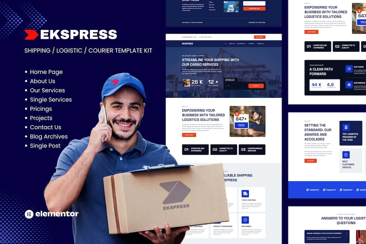 Ekspress - Kit de plantillas Elementor para envíos logísticos y mensajería