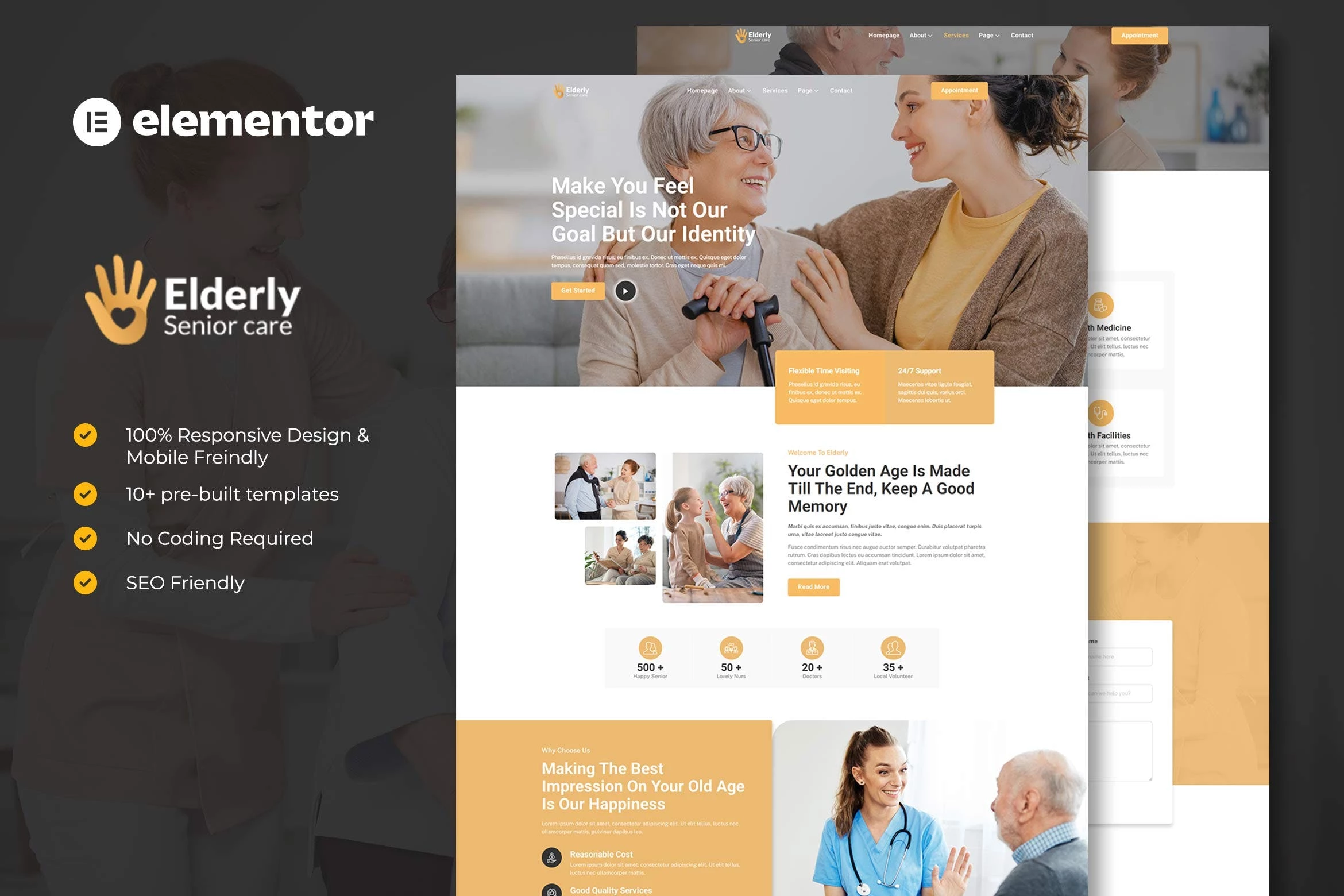 Ancianos: kit de plantillas Elementor para servicios de cuidado de personas mayores
