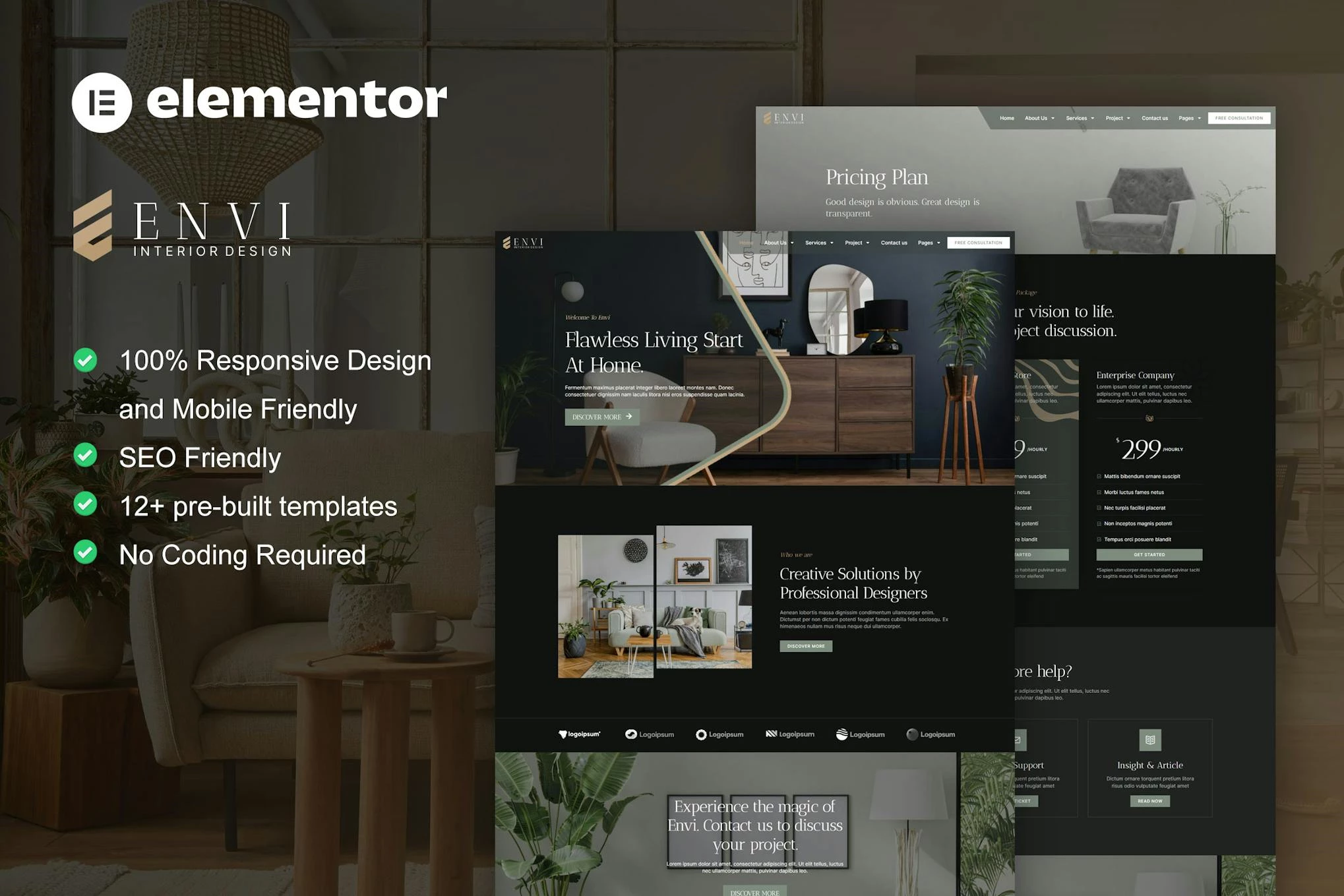 Envi - Kit de plantillas Elementor para diseño de interiores y arquitectura