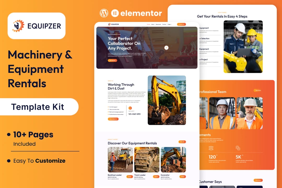 Equipzer - Kit de plantillas Elementor para alquiler de maquinaria y equipos