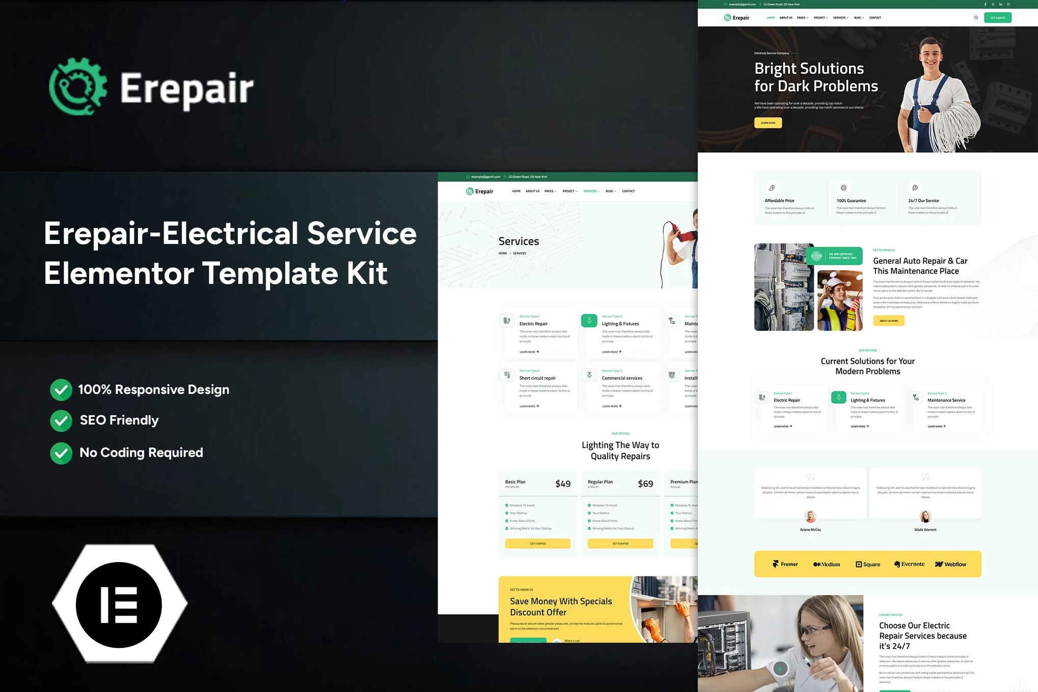 Erepair - Kit de plantillas Elementor para servicio eléctrico
