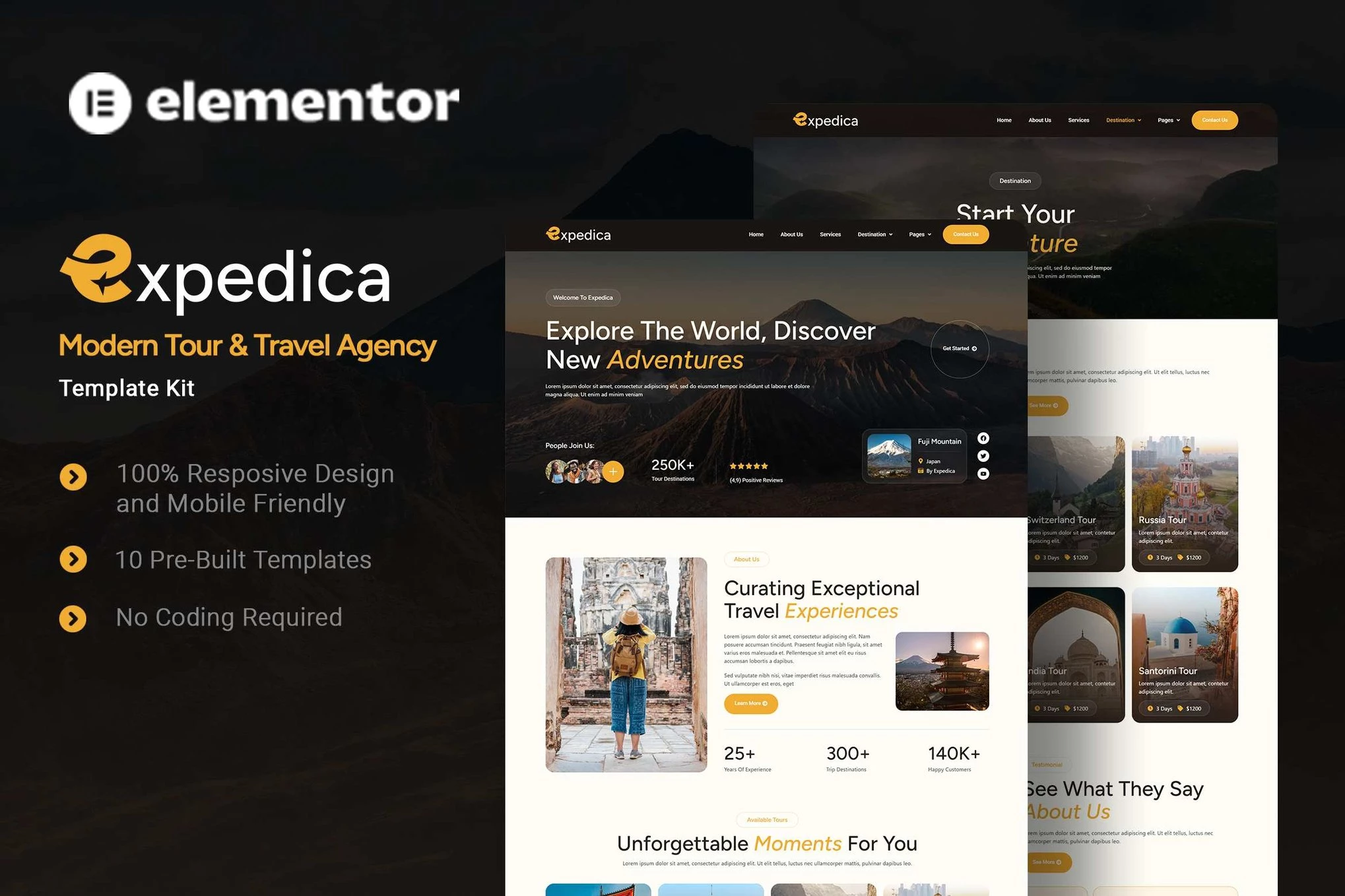 Expedica - Kit de plantillas Elementor moderno para agencias de viajes y viajes