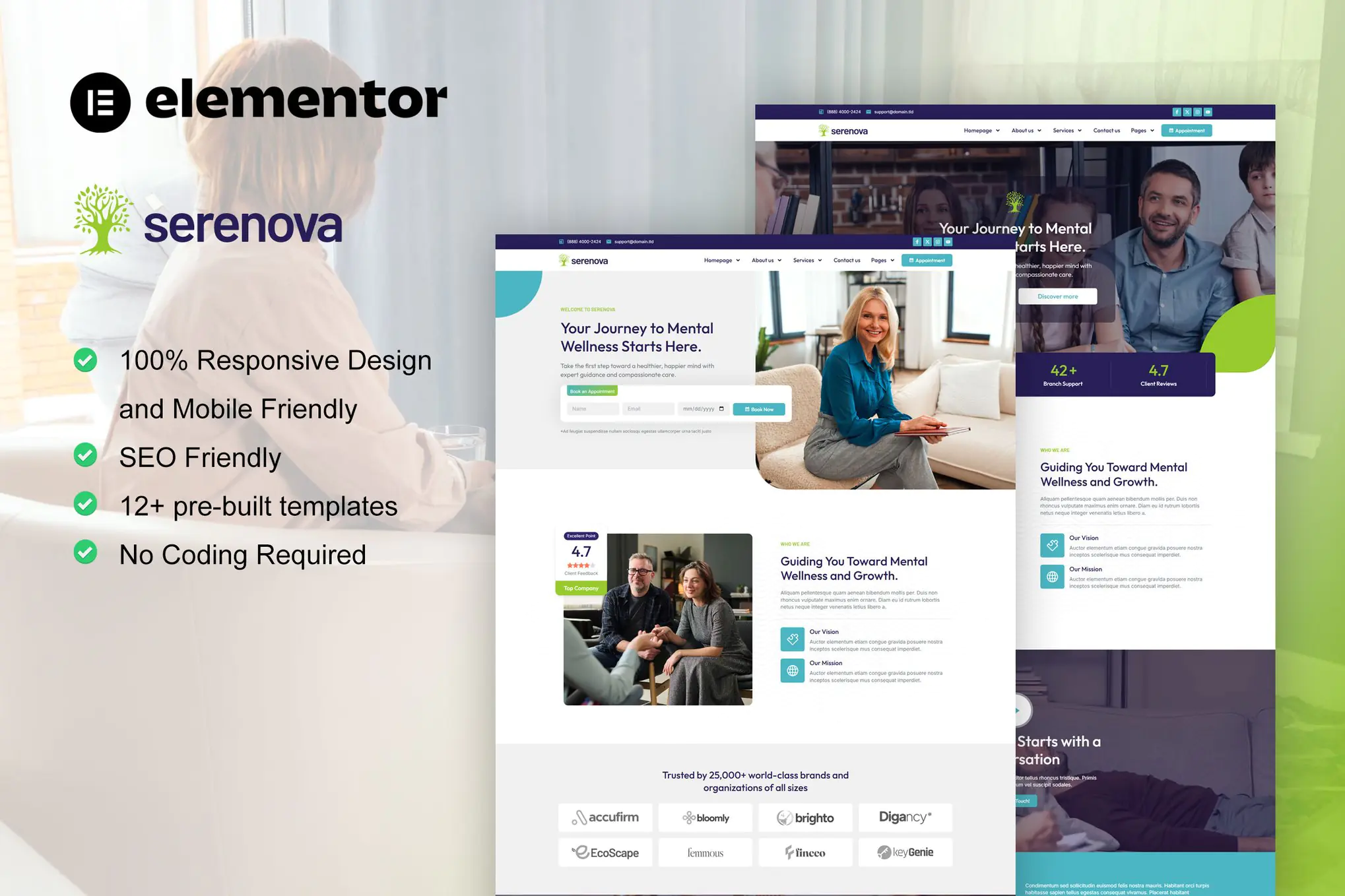 Serenova - Kit de plantillas Elementor Pro para psicología y salud mental
