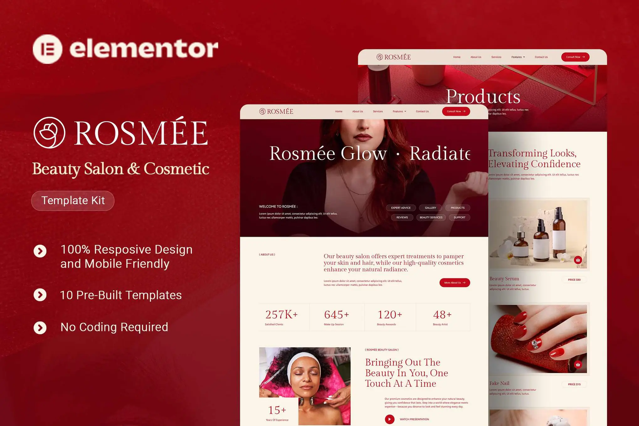 Rosmee - Kit de plantillas Elementor para salón de belleza y cosmética
