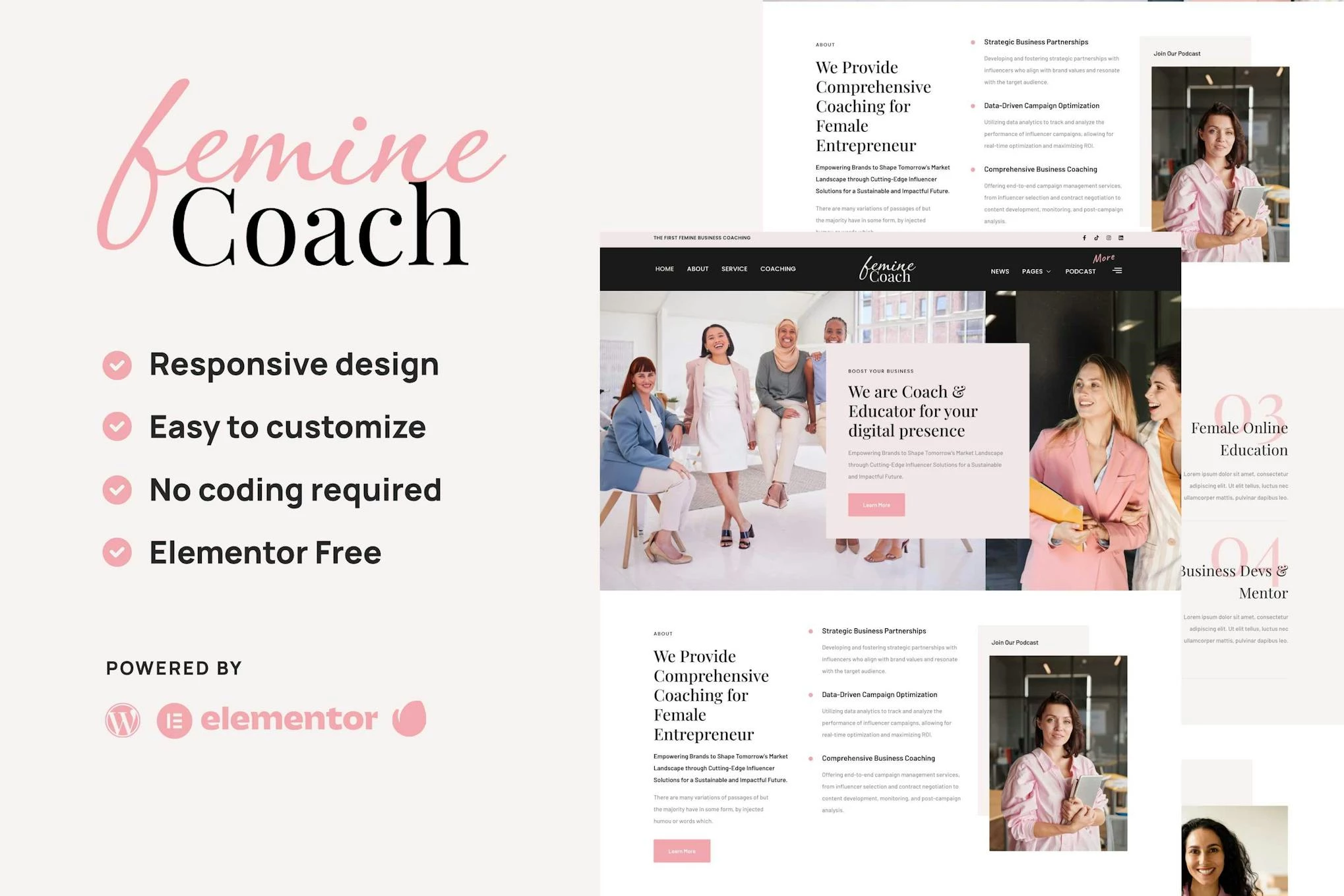 Femine - Kit de plantillas Elementor para coach de negocios femenino