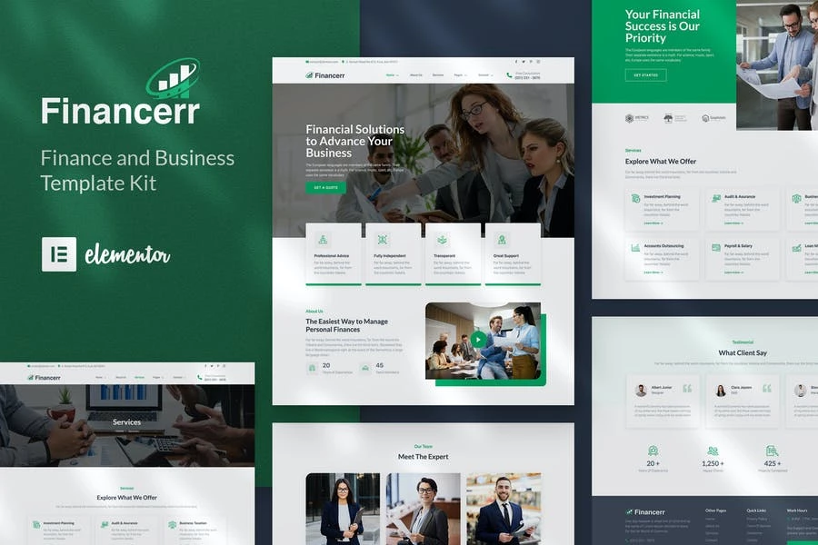 Financerr - Kit de plantillas Elementor para negocios y finanzas