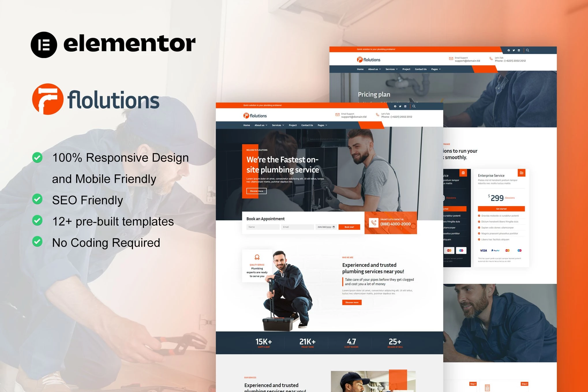 Flolution - Kit de plantillas Elementor para servicios de plomería y reparación