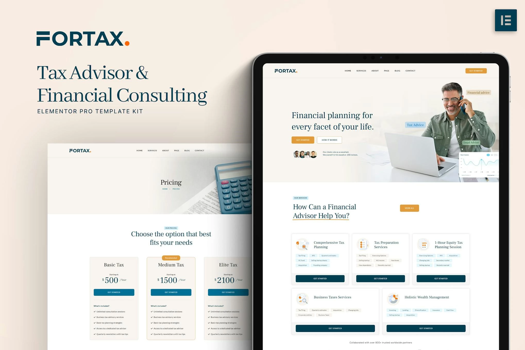 Fortax - Kit de plantillas Elementor para asesoría fiscal y consultoría financiera