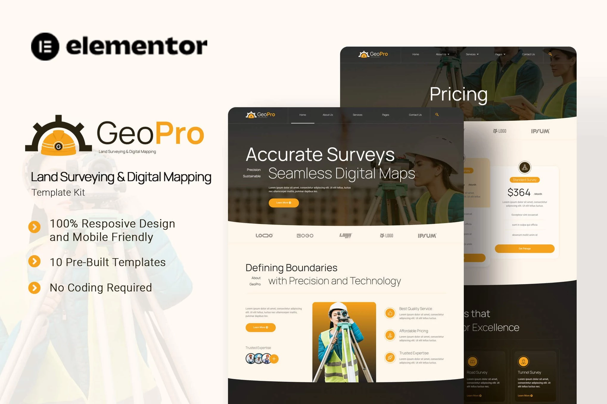 Geopro - Kit de plantillas Elementor para topografía terrestre y cartografía digital