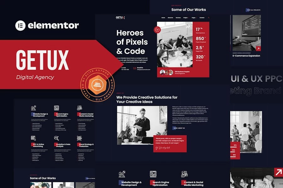 Getux - Kit de plantillas Elementor para agencias digitales modernas