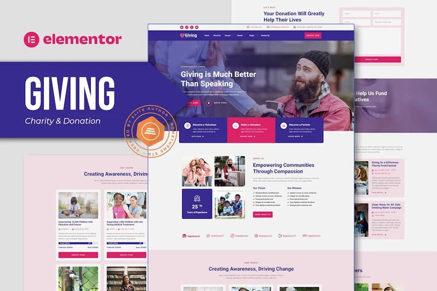 Giving - Kit de plantillas Elementor para organizaciones benéficas y donaciones