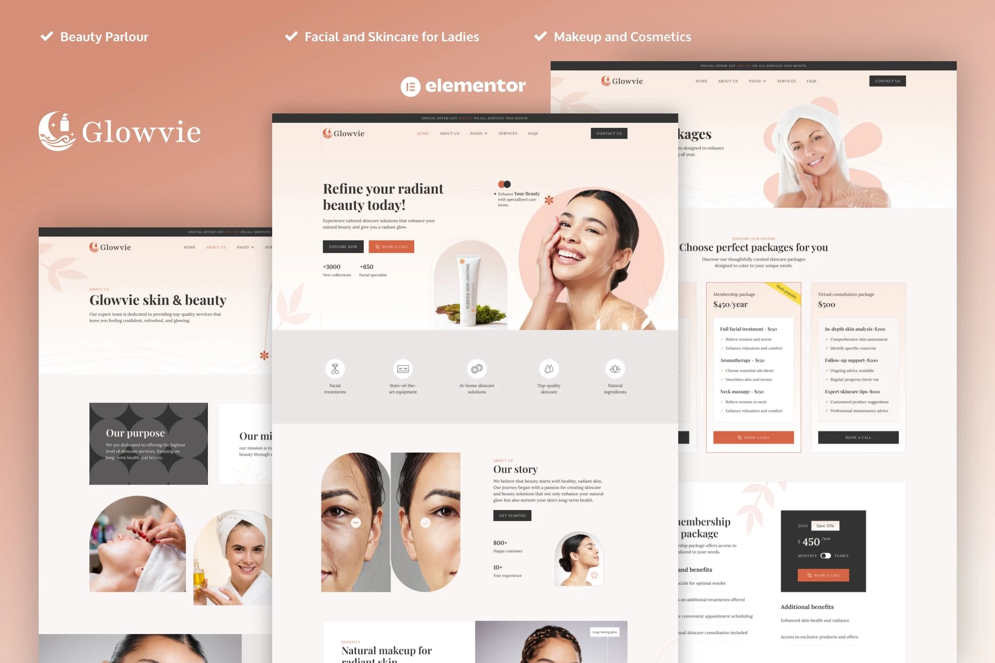 Glowvie - Kit de plantillas Elementor Pro para belleza y cuidado de la piel