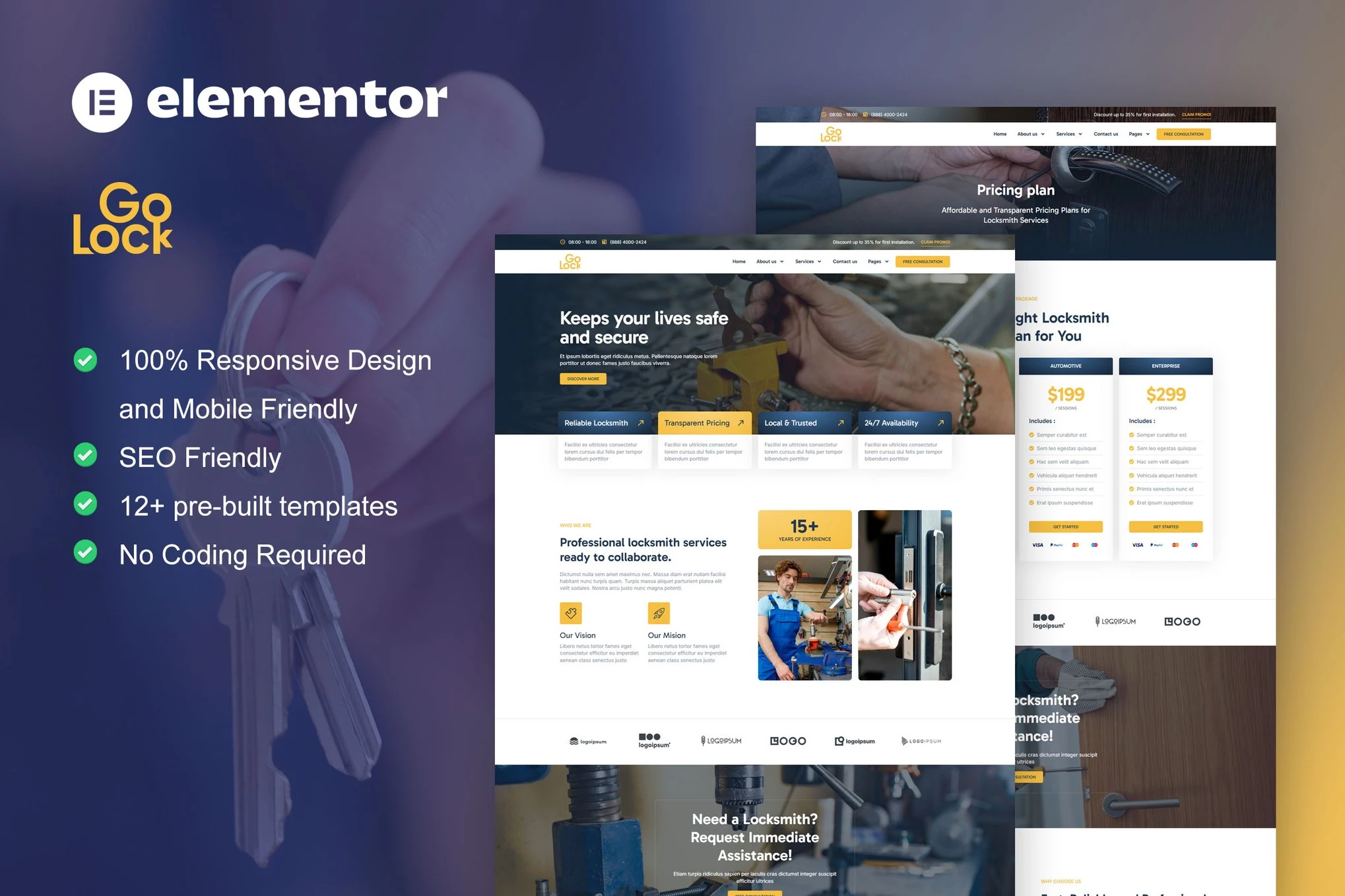 GoLock - Kit de plantillas Elementor Pro para servicio de cerrajería y fabricación de llaves