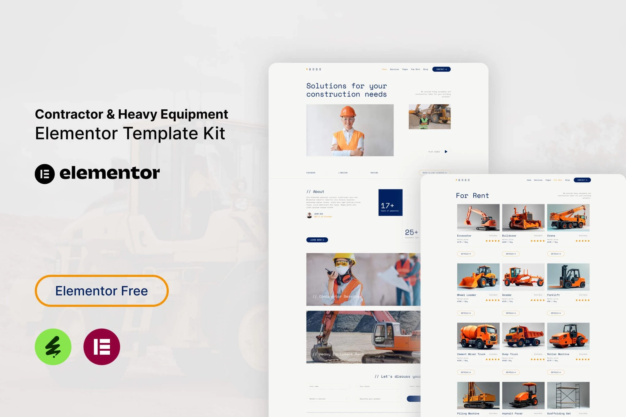 Goso - Kit de plantillas Elementor para contratistas y equipos pesados