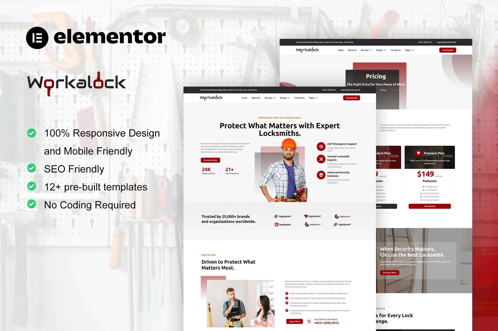 WorkaLock - Kit de plantillas Elementor Pro para servicio de cerrajería y fabricante de llaves