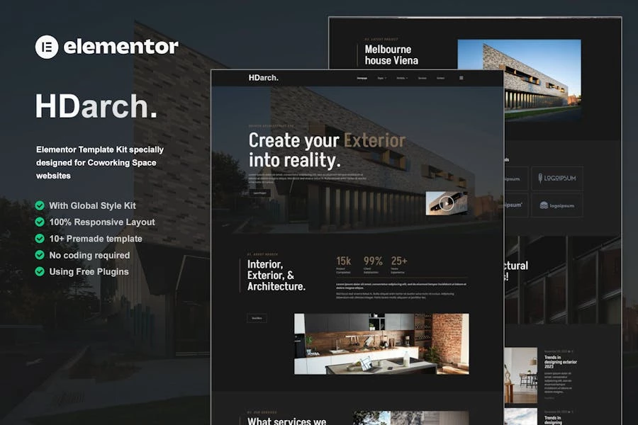 HDArch - Kit de plantillas Elementor para arquitectura e interiores