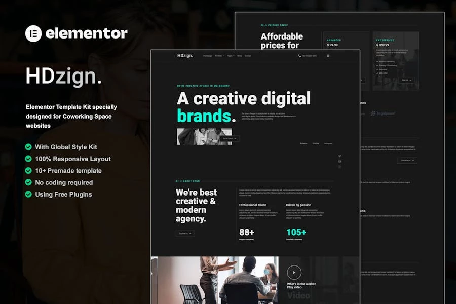 HDZign - Kit de plantillas Elementor para agencias digitales oscuras