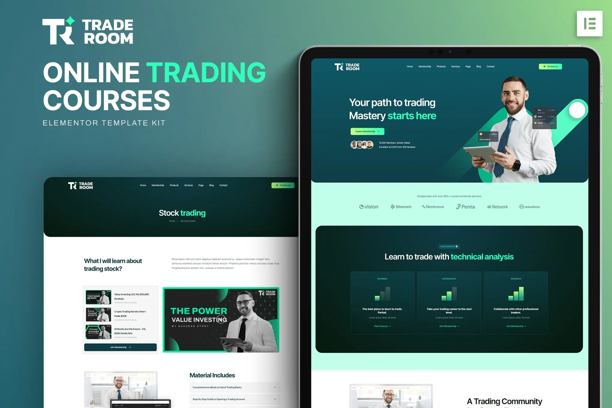 Traderoom - Kit de plantillas Elementor para cursos de negociación en línea