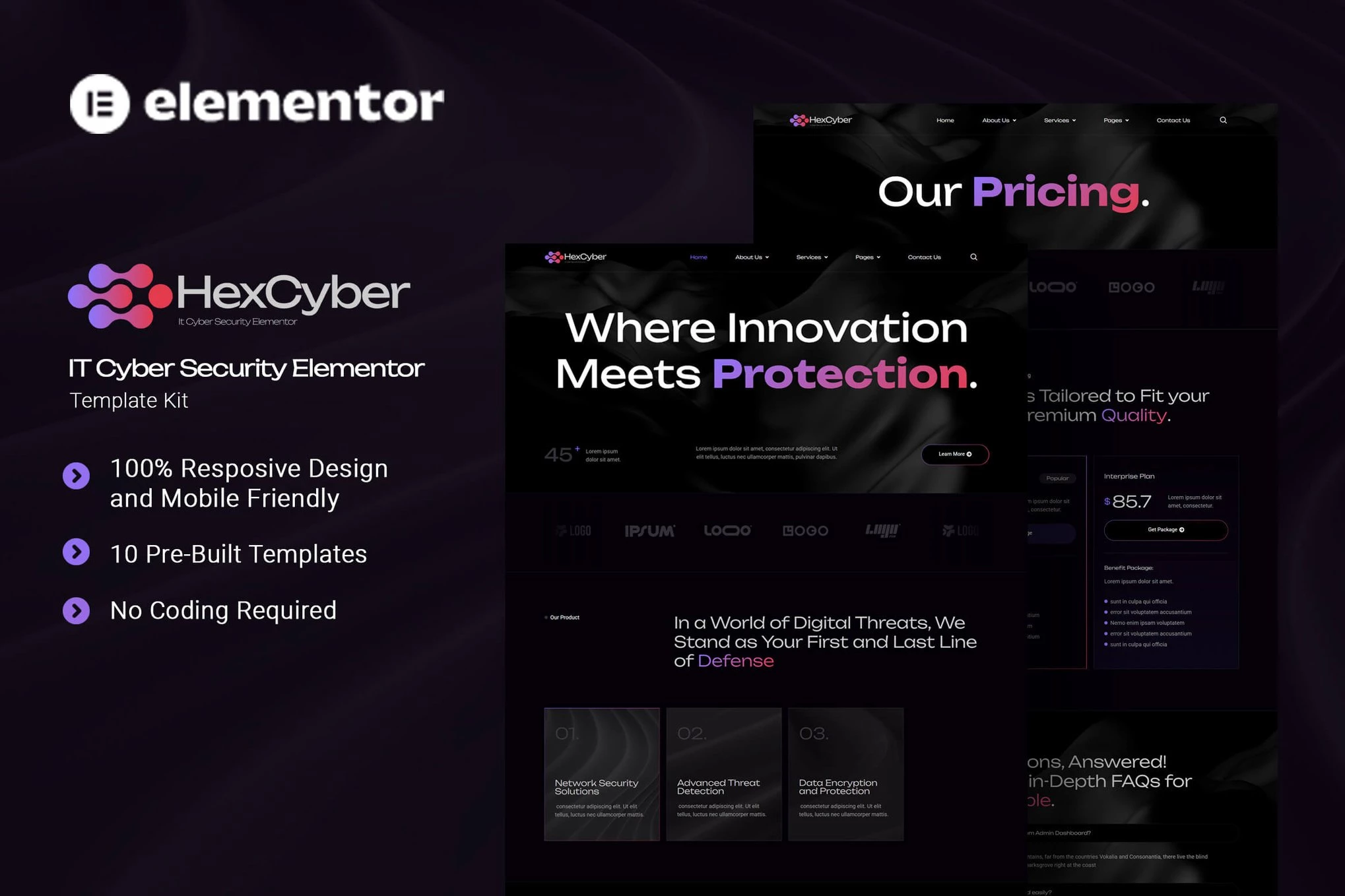 Hexcyber - Kit de plantillas Elementor para ciberseguridad de TI