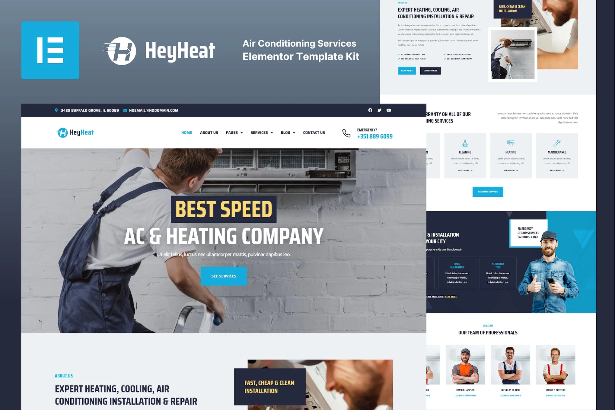 HeyHeat - Kit de plantillas Elementor Pro para servicios de aire acondicionado