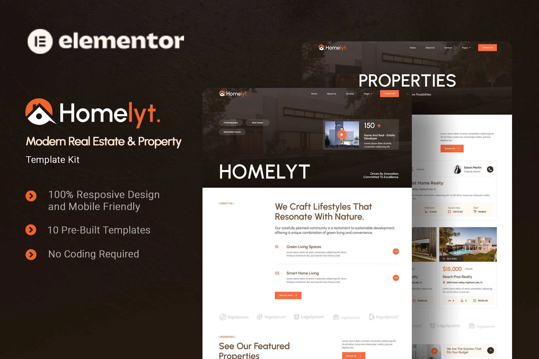 Homelyt - Kit de plantillas Elementor modernas para bienes raíces y propiedades