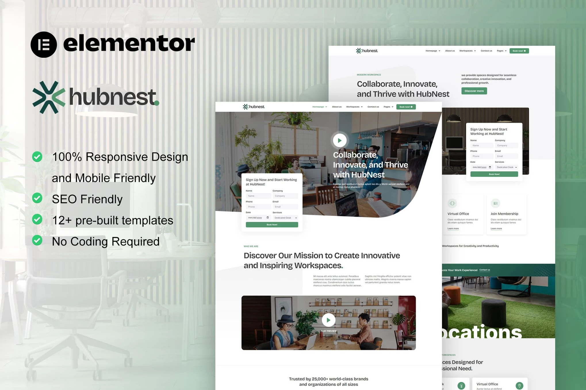 Hubnest - Kit de plantillas Elementor Pro para espacios de coworking y oficinas virtuales